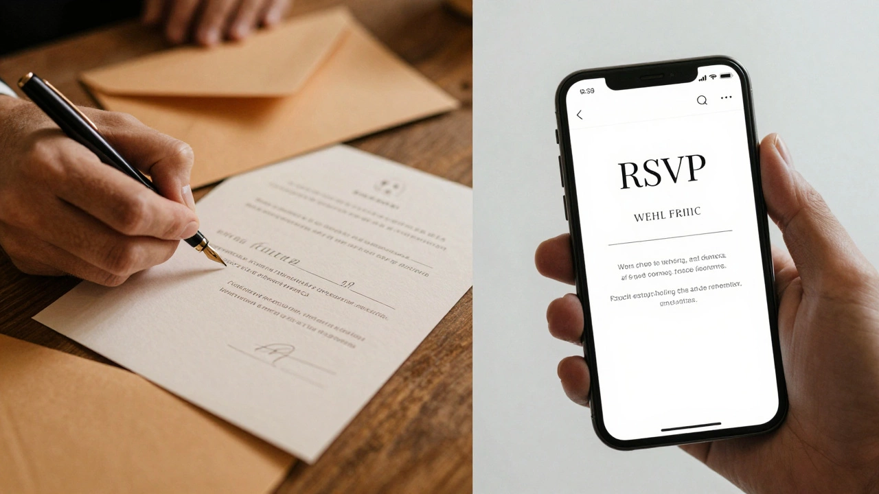 Split view of paper RSVP card and smartphone wedding website interface