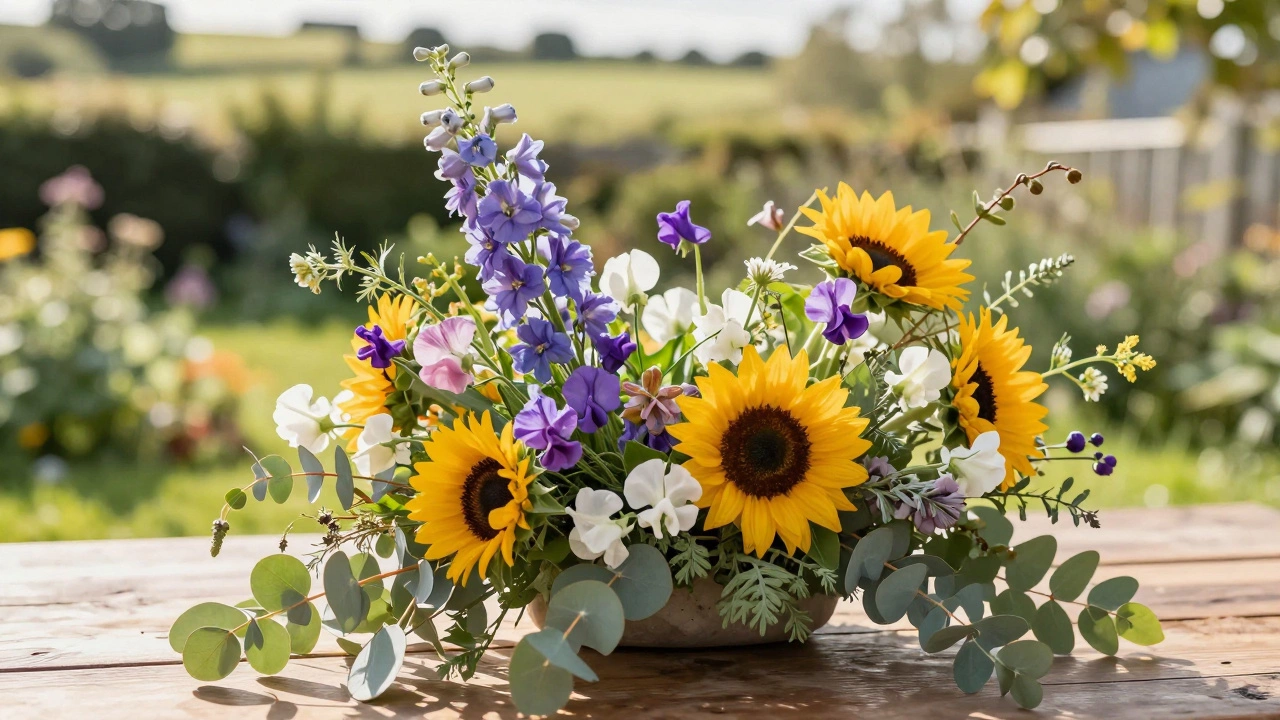 Summer wildflower centerpiece with sweet peas and sunflowers in a garden setting