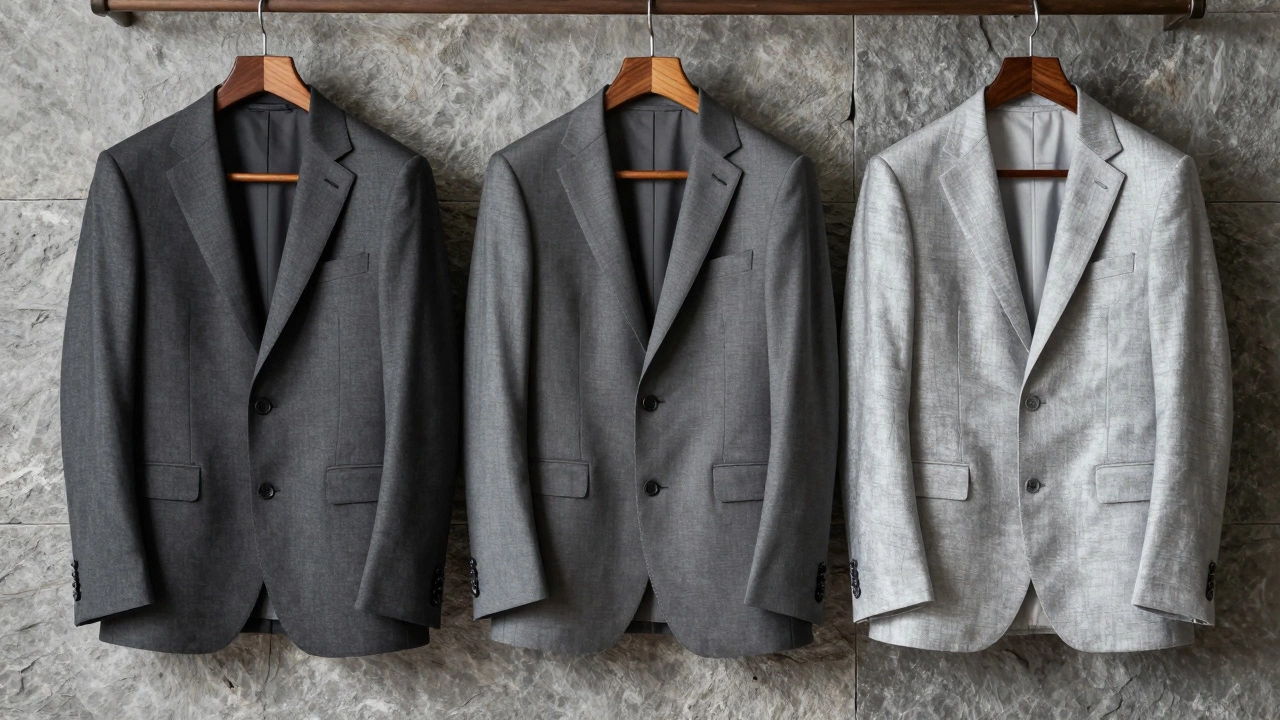 Three grey suits in varying shades displayed on hangers