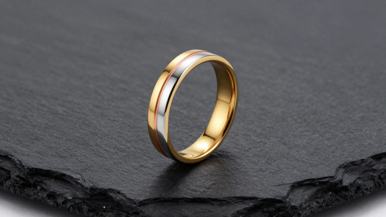 Tri-color gold wedding band featuring yellow, white, and rose gold sections.