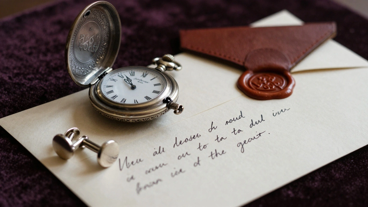 Vintage pocket watch, cufflinks, and handwritten letter as wedding gifts