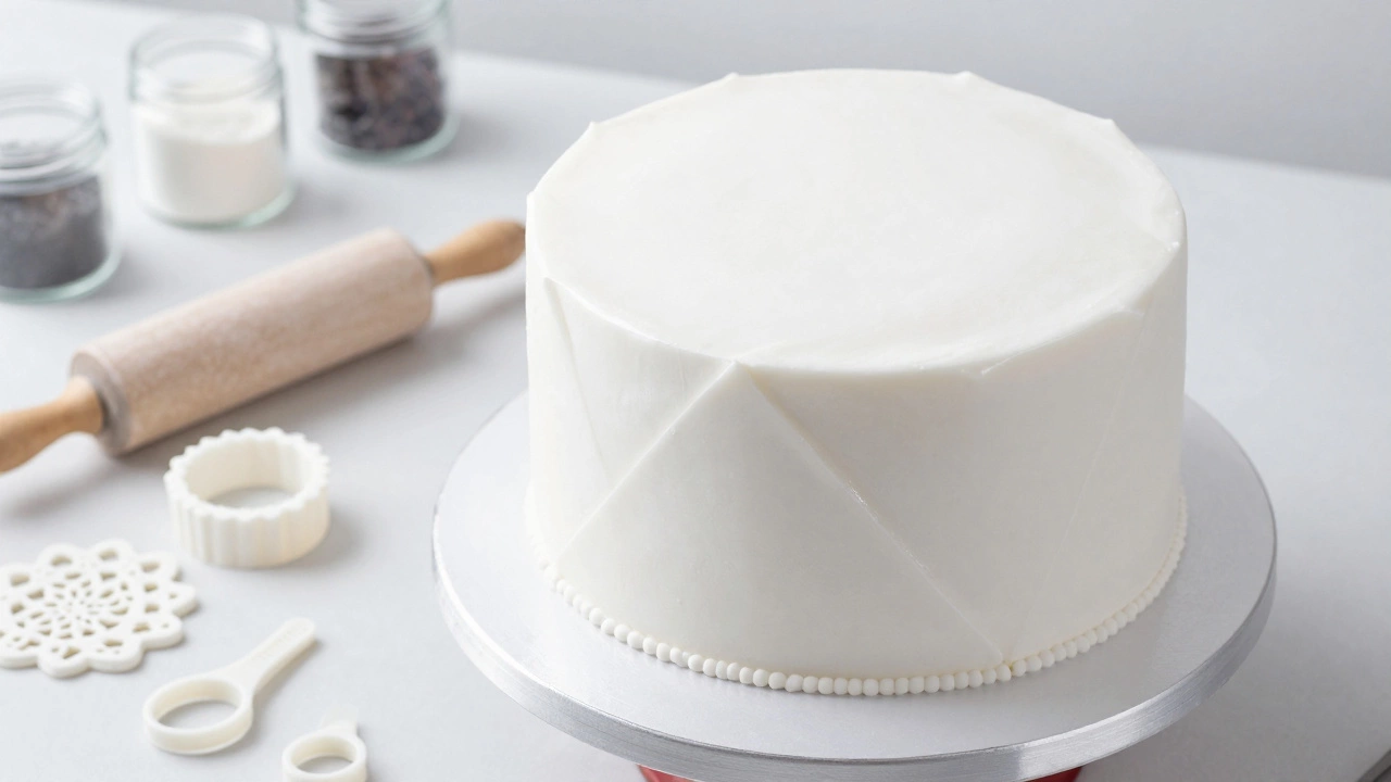 White fondant covered wedding cake with sharp edges in studio