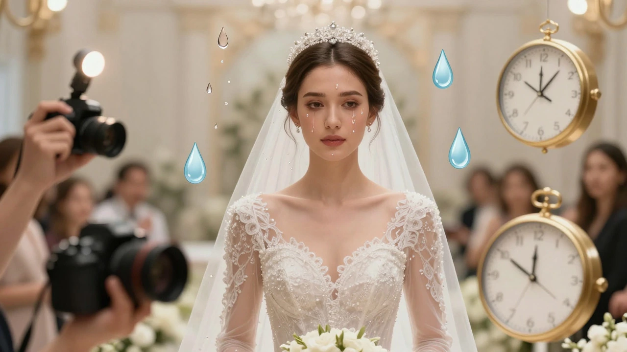 Bride with flawless makeup enduring tears, heat, and camera flashes throughout the day.