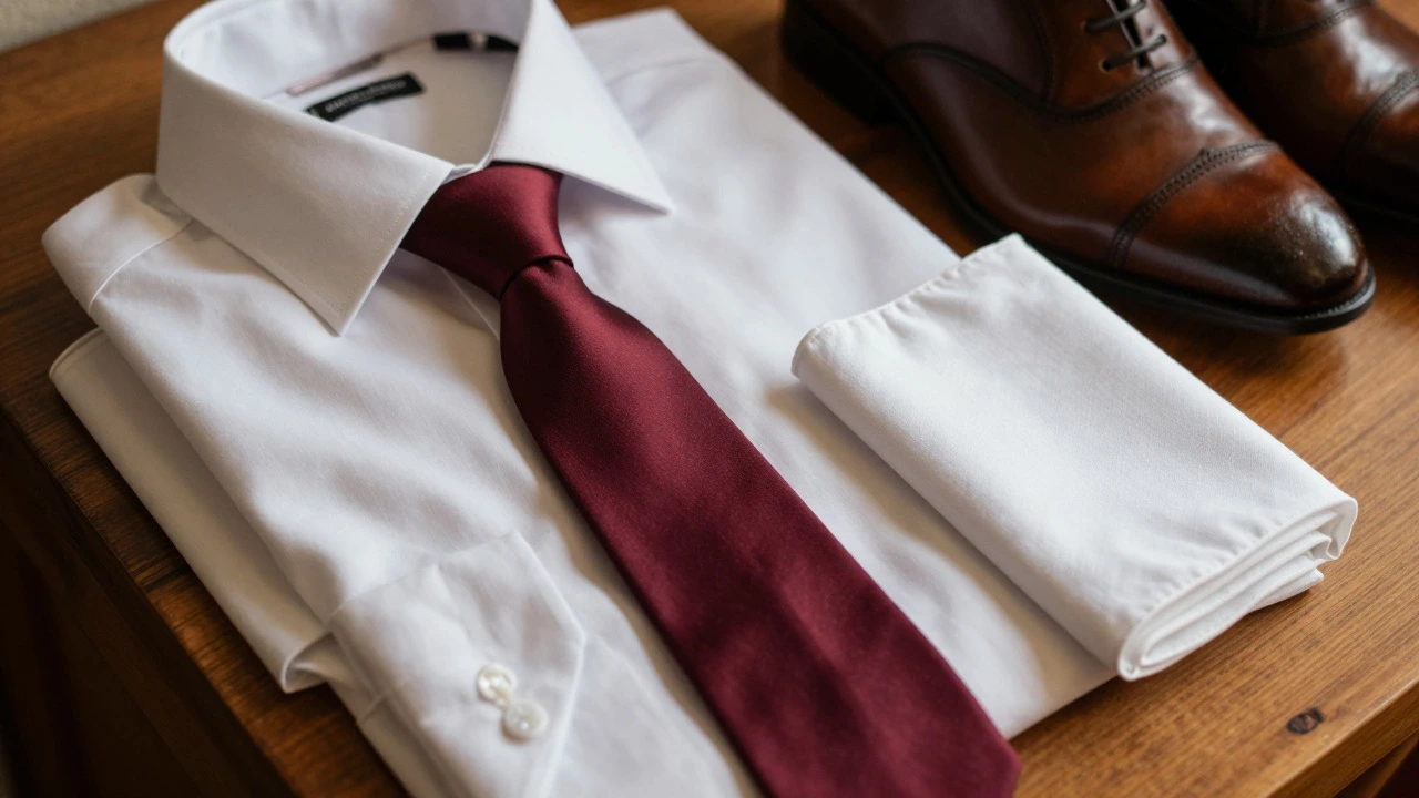 Close-up of wedding suit accessories including tie and shoes