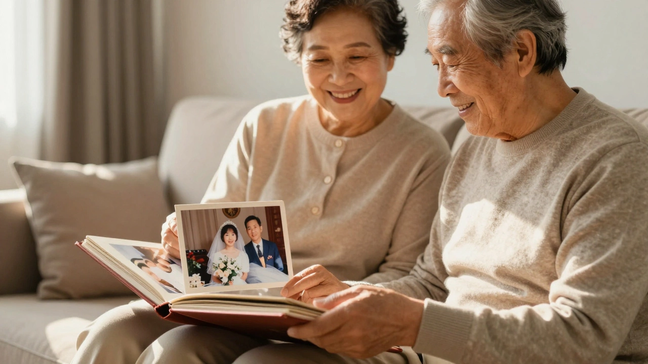 Elderly couple smiling while viewing old wedding photos in a sunlit room