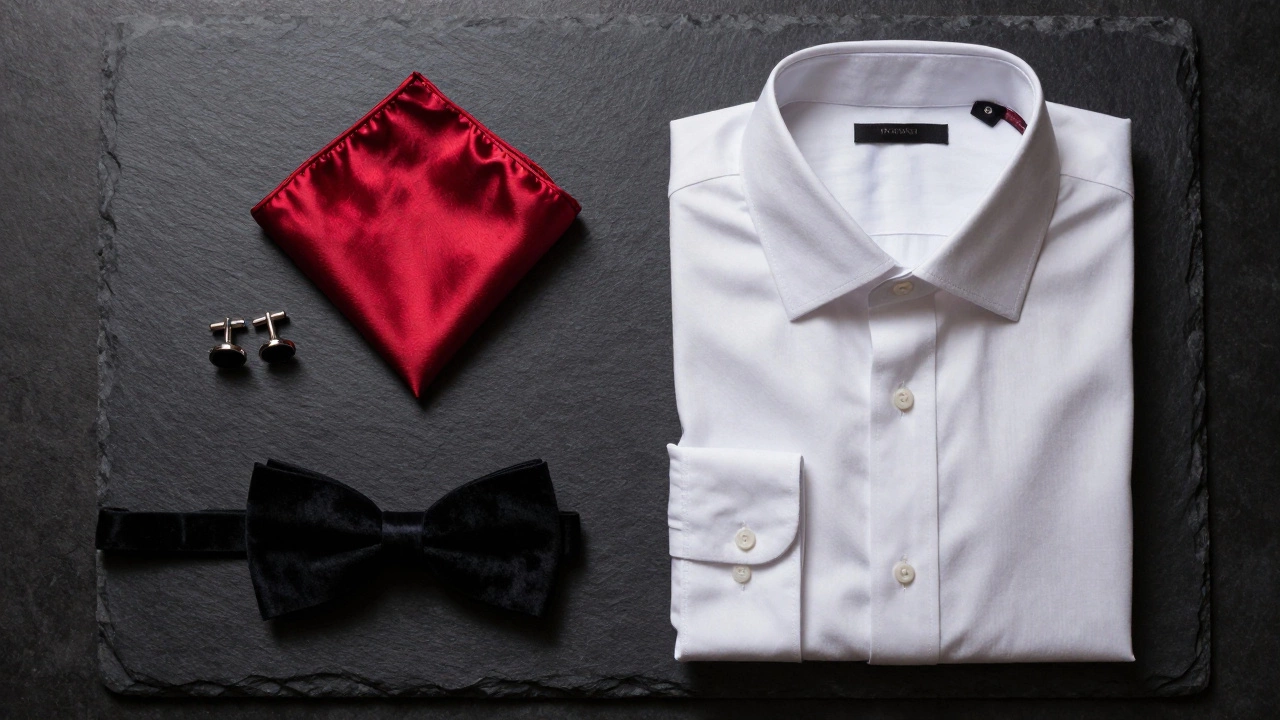 Flat lay of groom accessories including pocket square and cufflinks