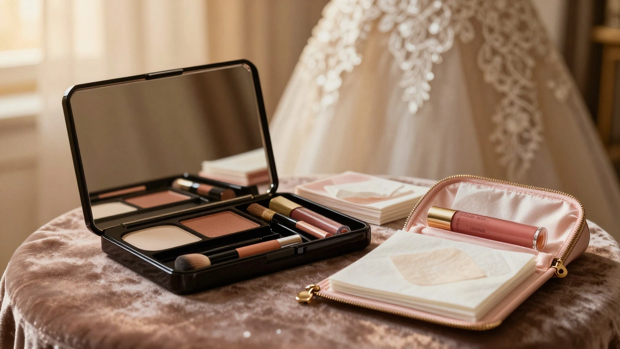 Luxurious makeup kit and touch-up pouch on elegant surface