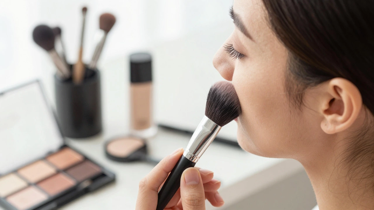 Makeup artist baking powder on a bride's cheek for long-lasting wedding coverage.