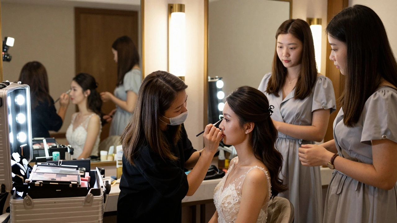 Makeup artist working on a bride with bridesmaids waiting nearby