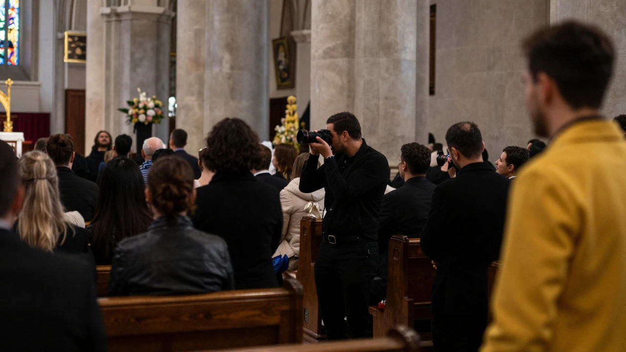 Photographer blending into shadows at church ceremony