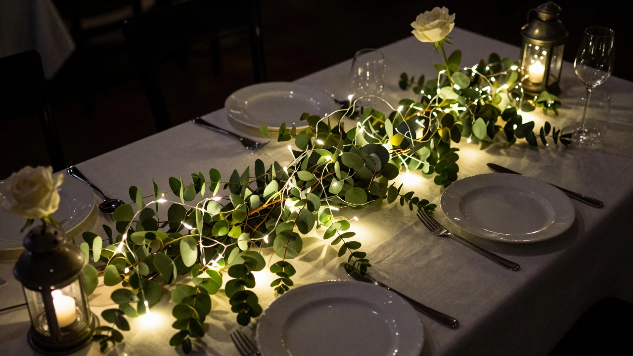 Simple centerpiece with LED lights and eucalyptus for budget saving