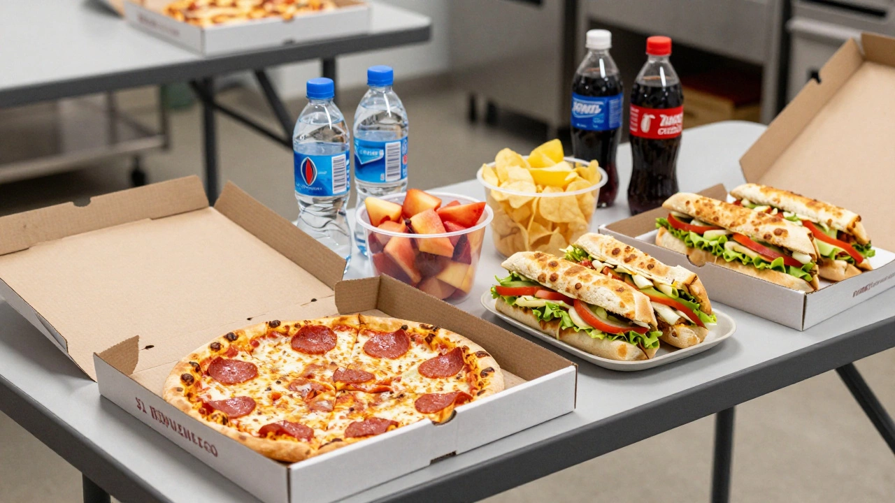 Simple crew meal setup with pizza, sandwiches, and drinks on tables for wedding staff.
