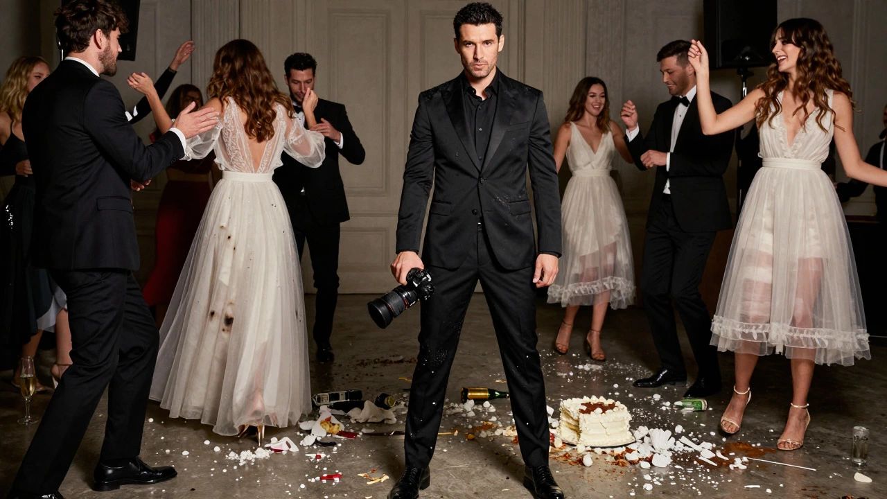 Stain-resistant black attire protecting photographer at wedding