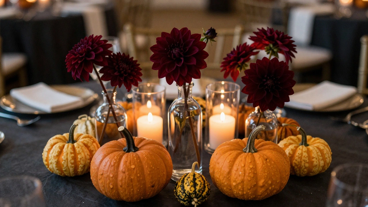 Textured autumn centerpiece with candles and varied vase heights