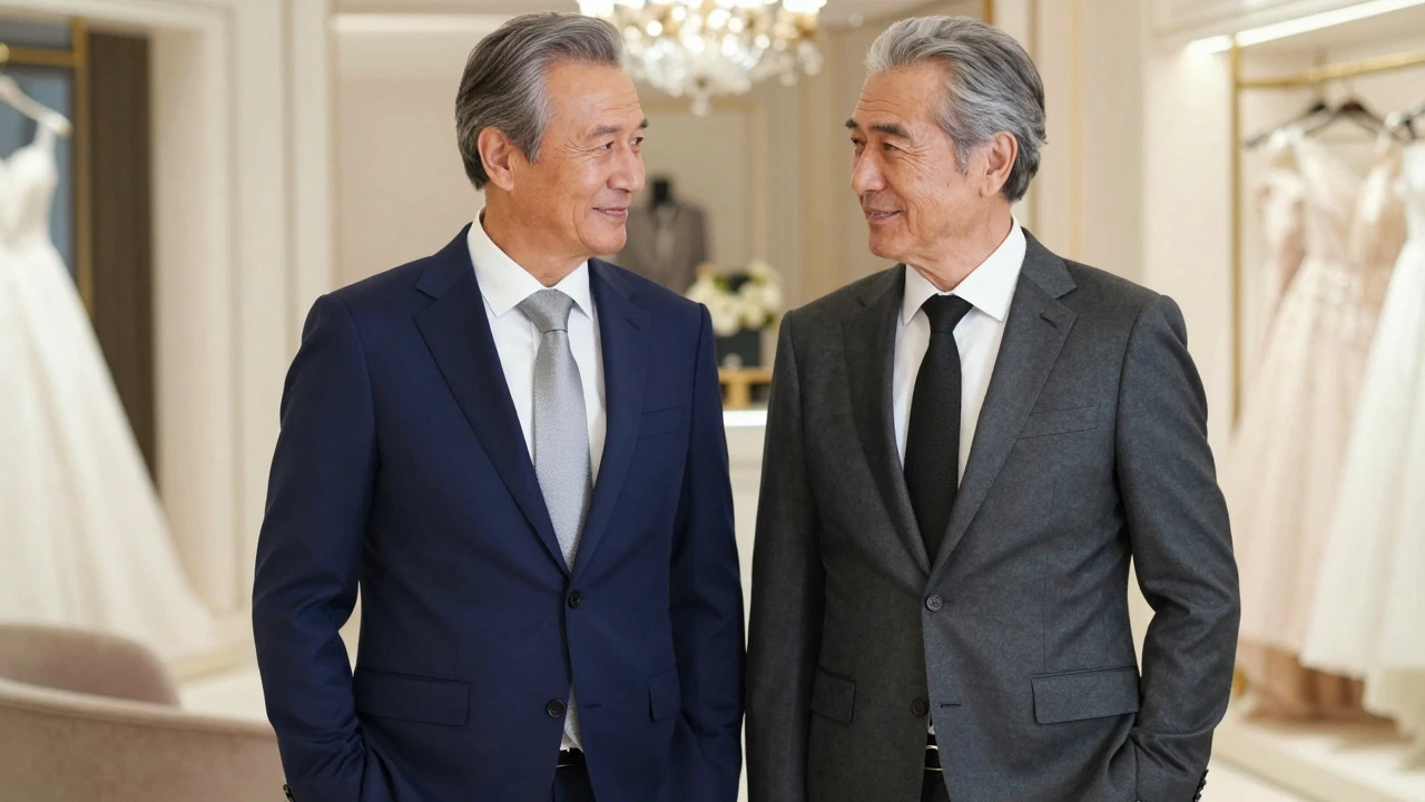 Two fathers in coordinated navy and grey suits smiling together