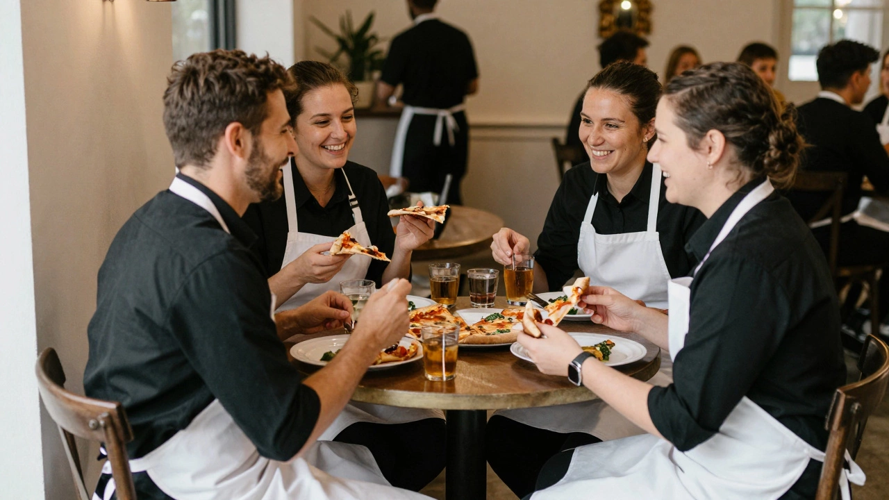 Wedding catering team eating pizza and chatting happily during a scheduled meal break.