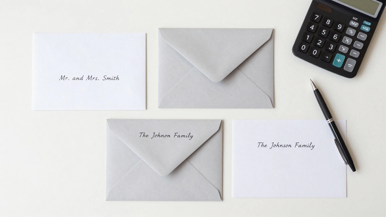 Wedding envelopes organized by household on a clean desk with calculator