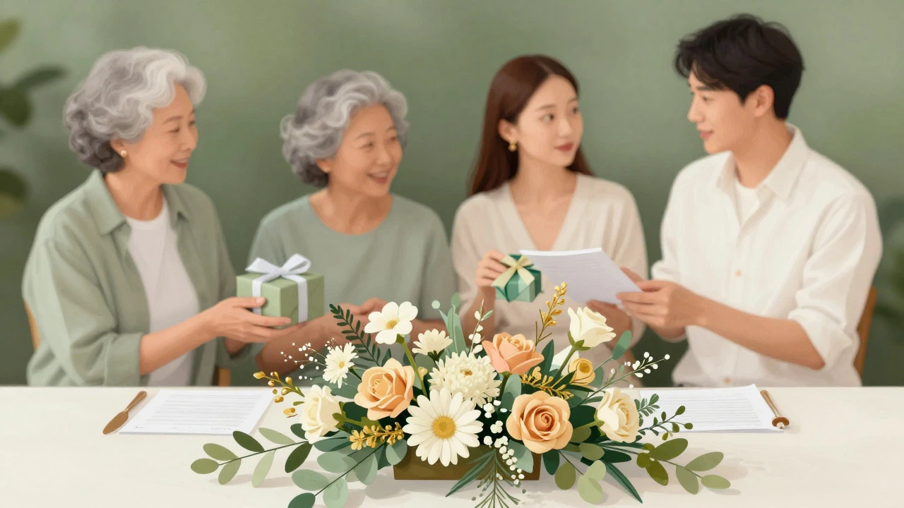 Wedding flowers and symbolic exchange of gifts representing diverse parental support