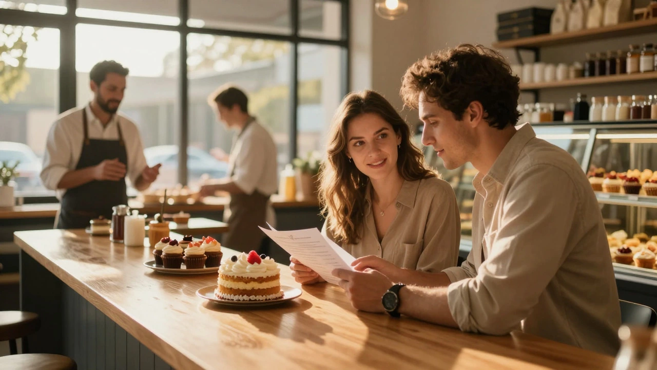 A couple discussing cake options with a baker in a sunlit bakery setting