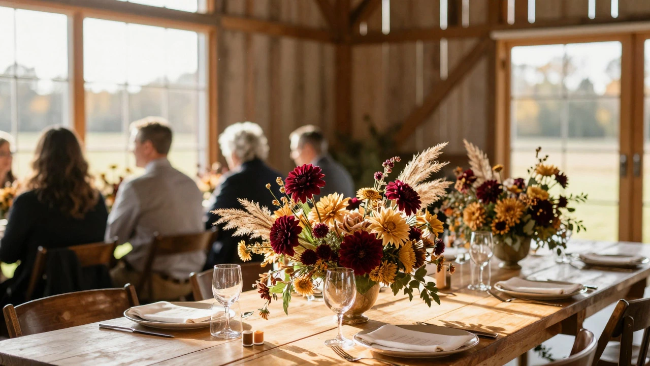 Autumn wedding reception with dahlia centerpieces and golden sunlight in a barn