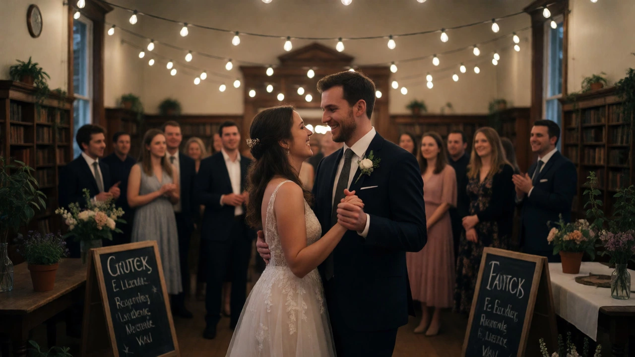 Bride and groom dancing in a decorated community hall with guests.