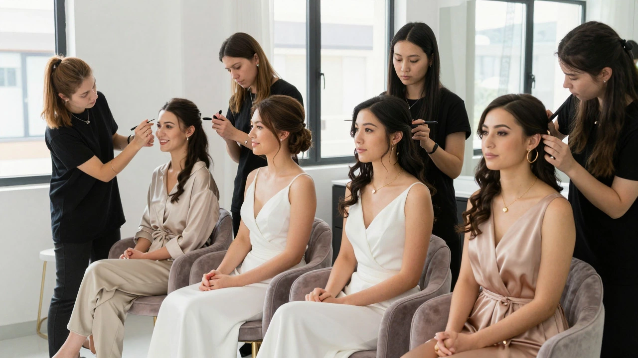 Bridesmaids getting hair and makeup done in a row in a studio