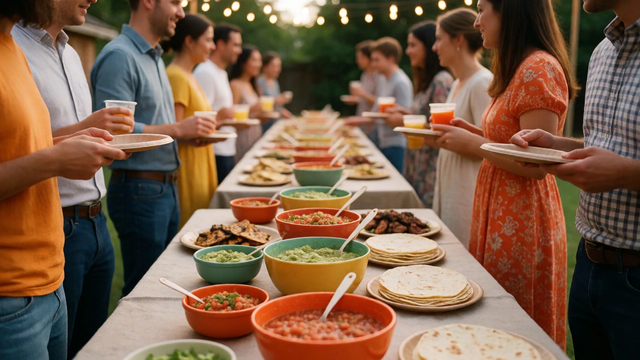 Casual taco bar catering setup with string lights at a backyard micro-wedding
