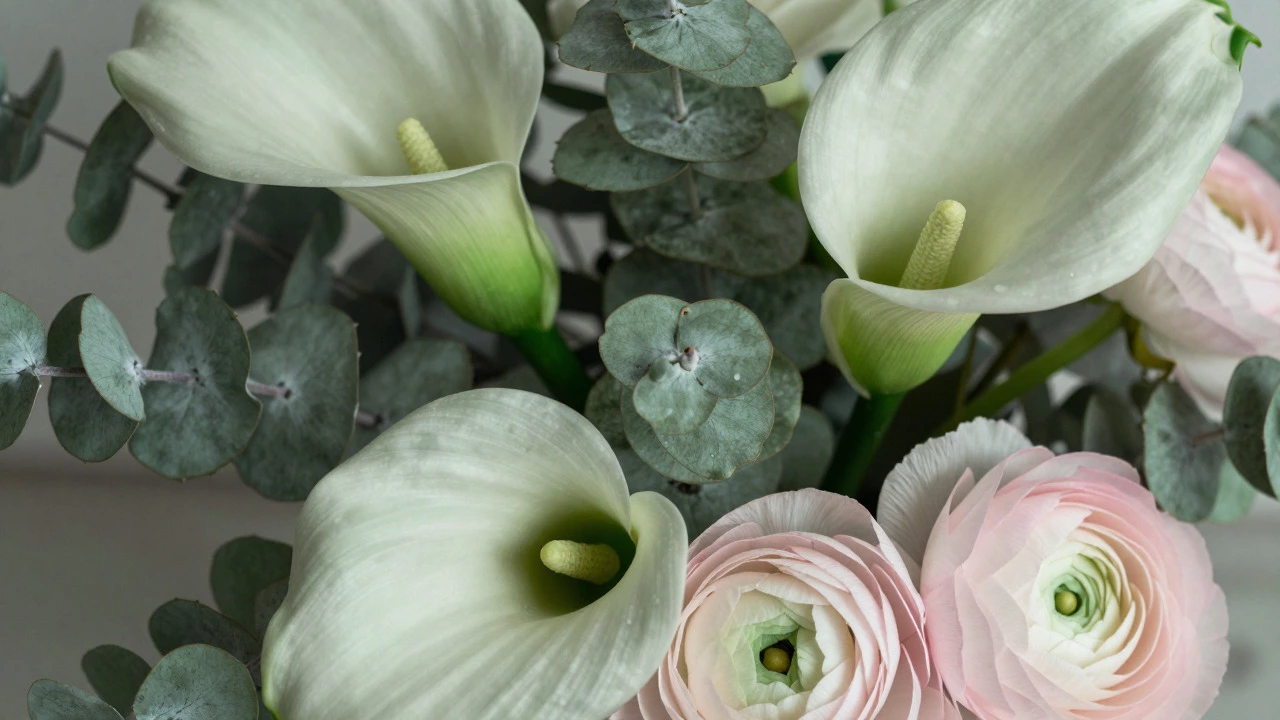 Close-up of mixed flower textures including lilies and eucalyptus