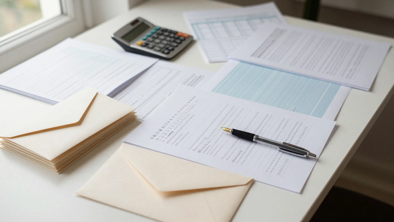 Close up of wedding planning documents and invitation envelopes on a desk