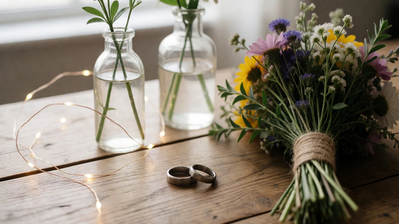 Close-up of wedding rings, wildflower bouquet, and thrift store vases on wood