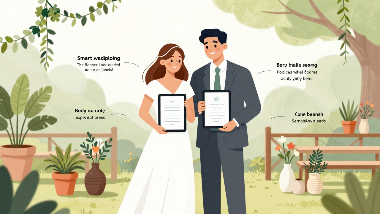 Couple using digital invites and greenery decor for a budget-friendly wedding