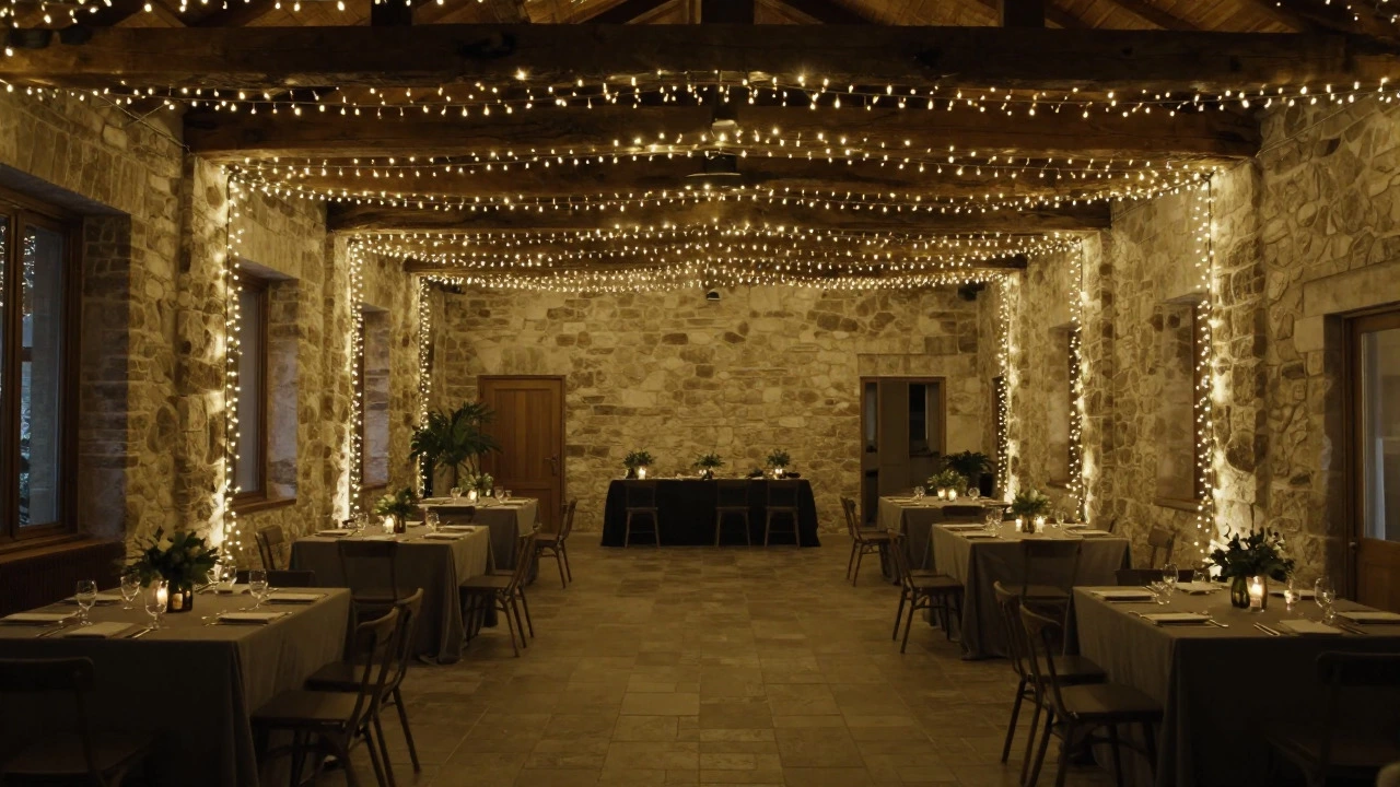 Dimly lit hall with fairy lights and sparse decor