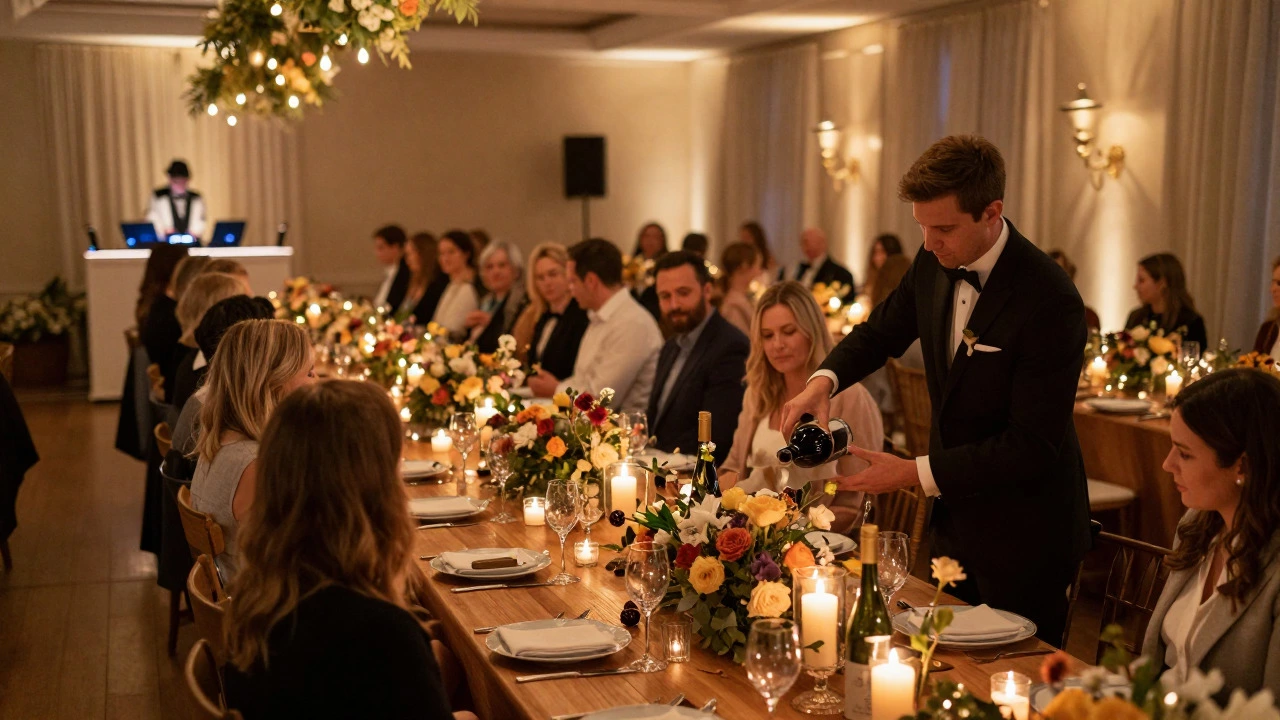 Elegant wedding reception hall with floral centerpieces and guests dining