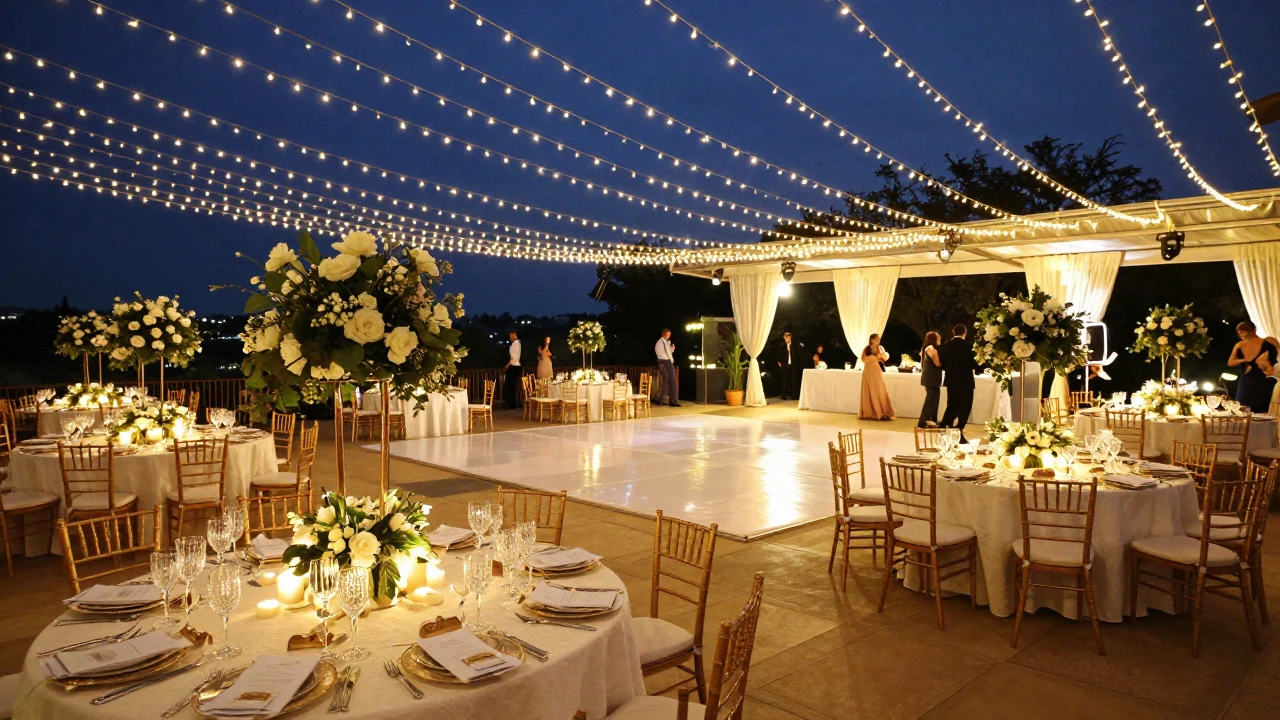 Elegant wedding reception venue lit by warm string lights