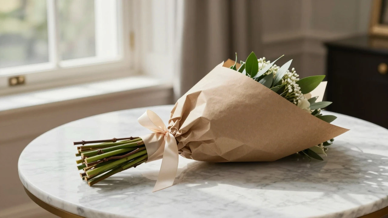 Finished bouquet wrapped in kraft paper on a marble table