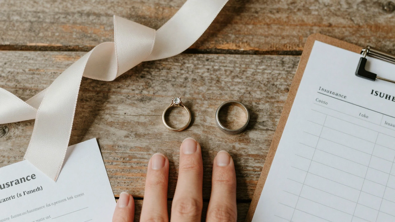 Flat lay of engagement ring, wedding band, and planning checklist