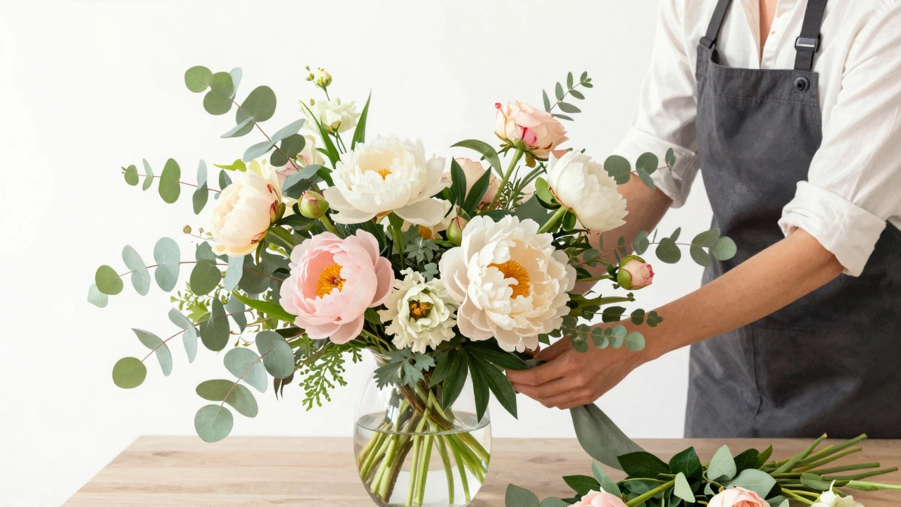 Florist arranging fresh peonies and eucalyptus in a vase