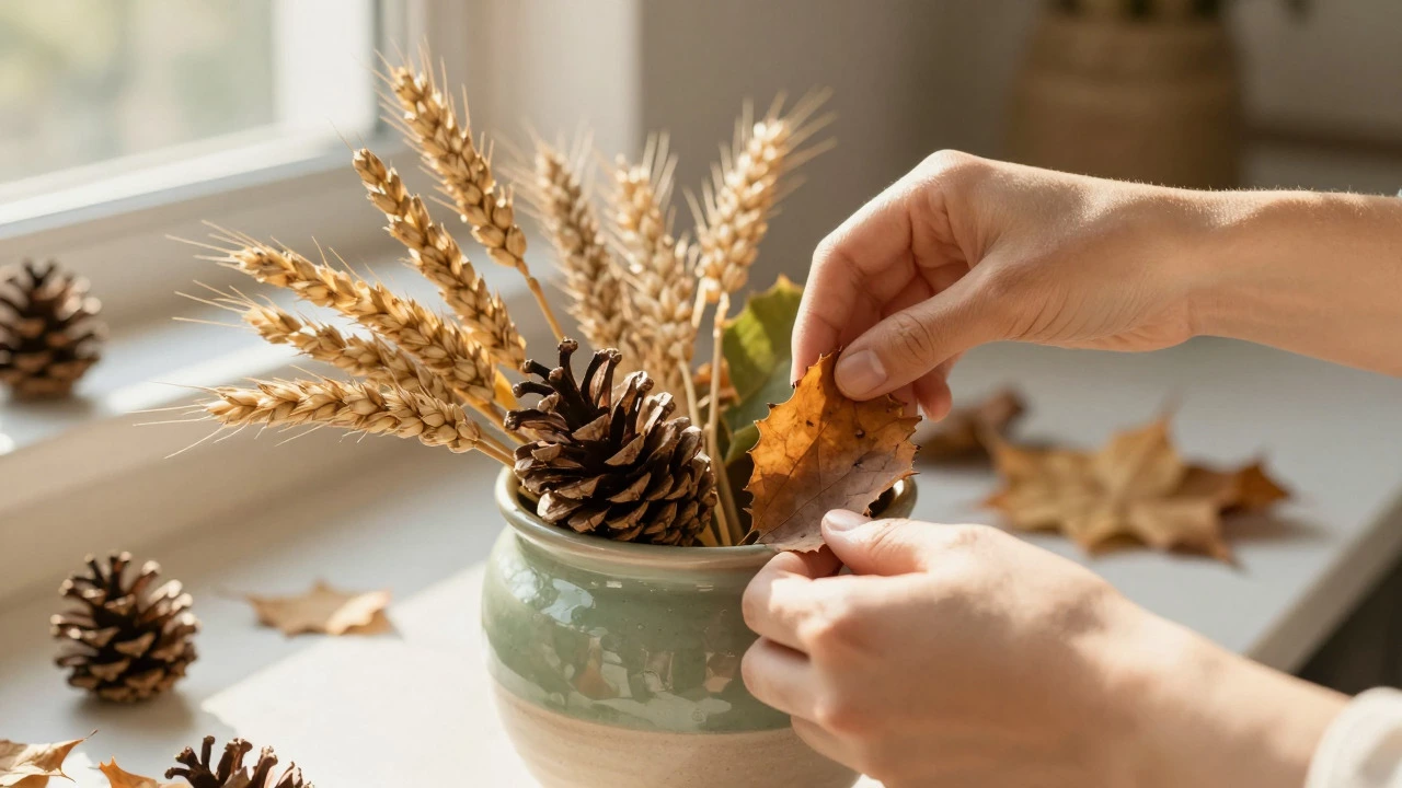 Hands arranging foraged pinecones and wheat in pot