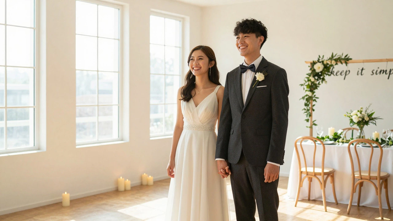 Happy relaxed couple in simply decorated bright wedding venue