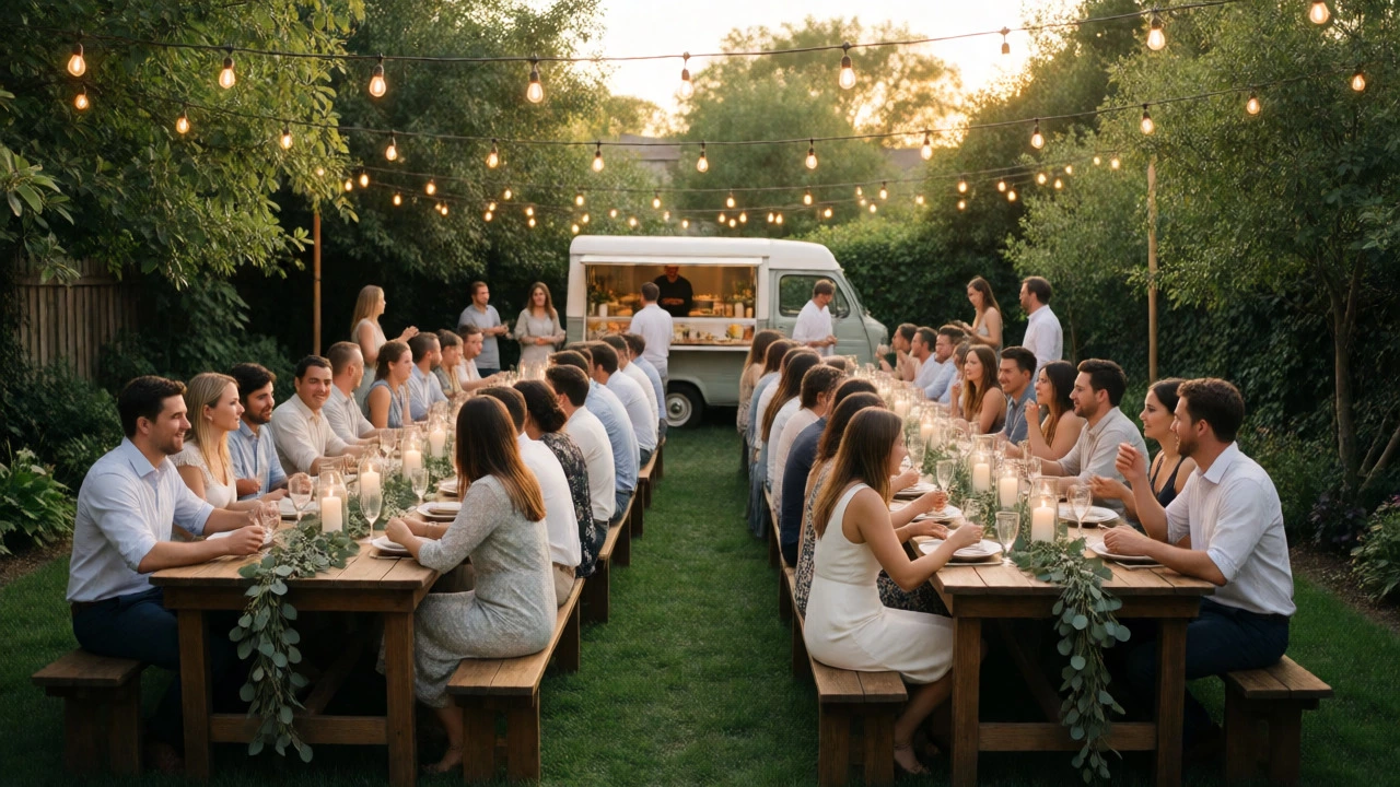 Intimate outdoor wedding reception with communal tables and string lights.