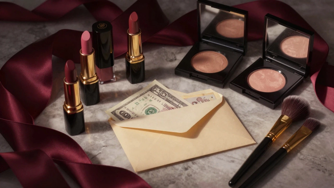 Luxury cosmetics and cash arranged on a marble surface