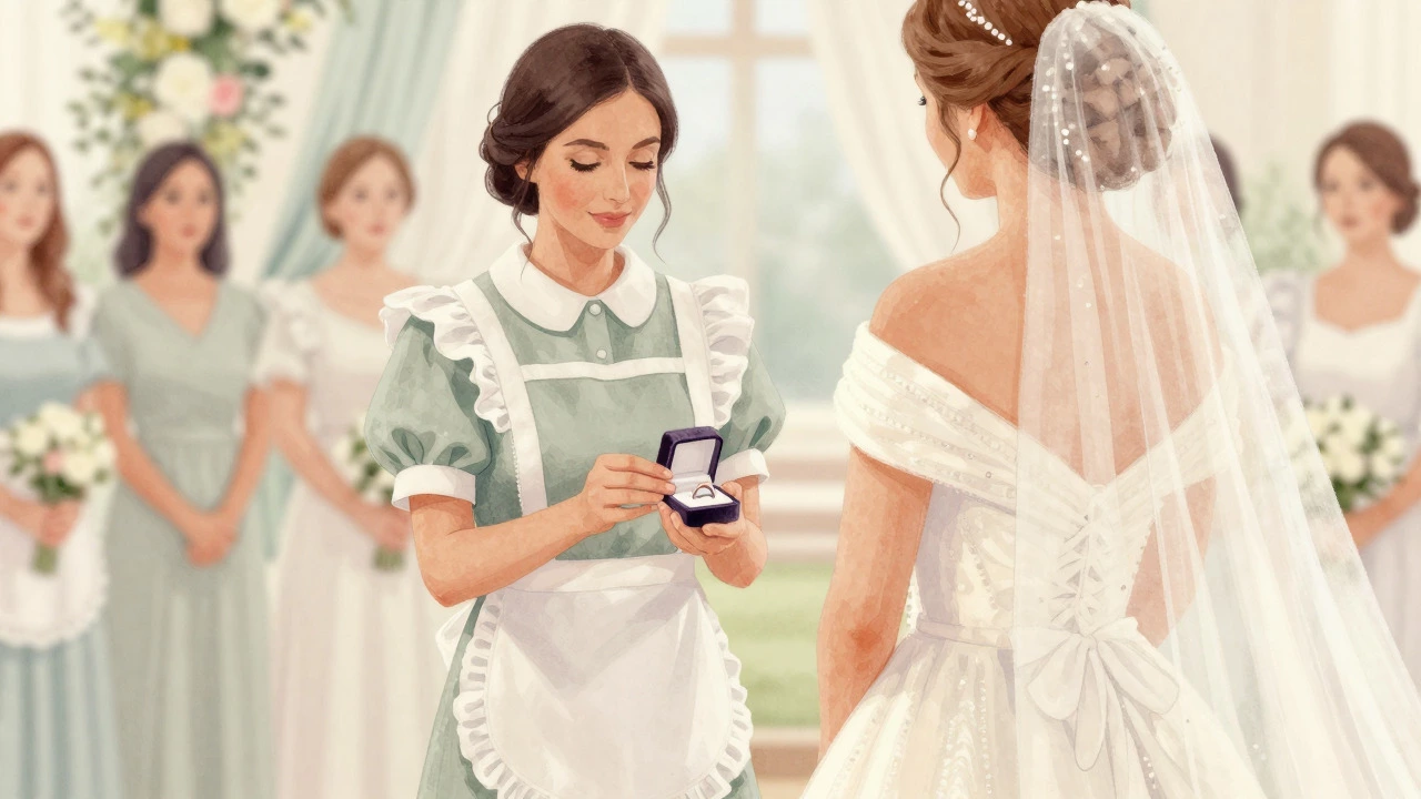 Maid of honor holding engagement ring in a velvet pouch during ceremony