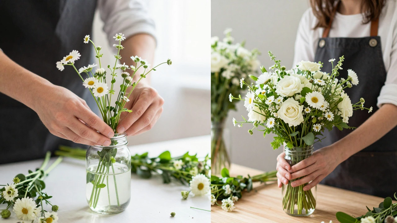 Split view comparing simple DIY flower arrangement with professional floral work