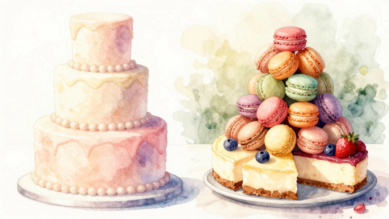 Watercolor illustration comparing a two-tier cake with a macaron tower dessert