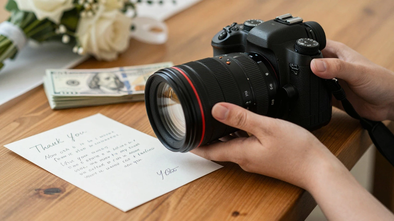 Wedding photographer's camera gear next to a handwritten thank you note and cash.