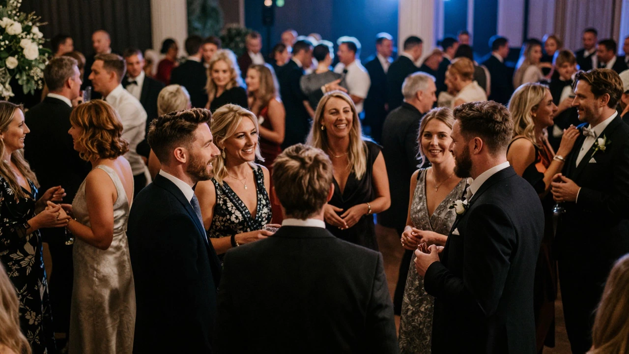 Wedding staff helping guests mingle in a crowded reception hall