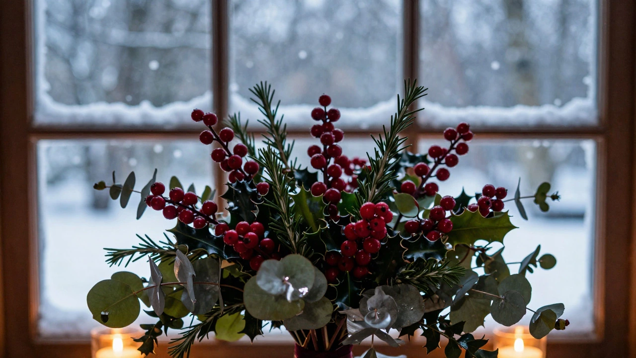 Winter wedding bouquet with holly and eucalyptus lit by candles near snowy window