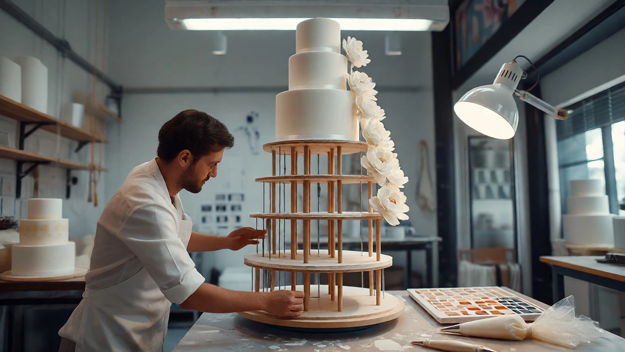 A cake artist assembling a large five-tier wedding cake with visible structural supports.
