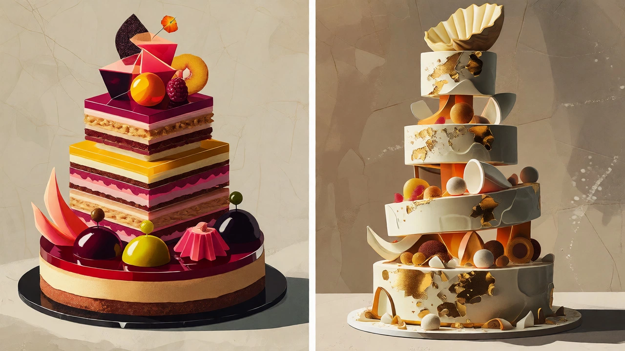 Artistic comparison showing a complex pâtissier entremet versus a large tiered cake artist creation.
