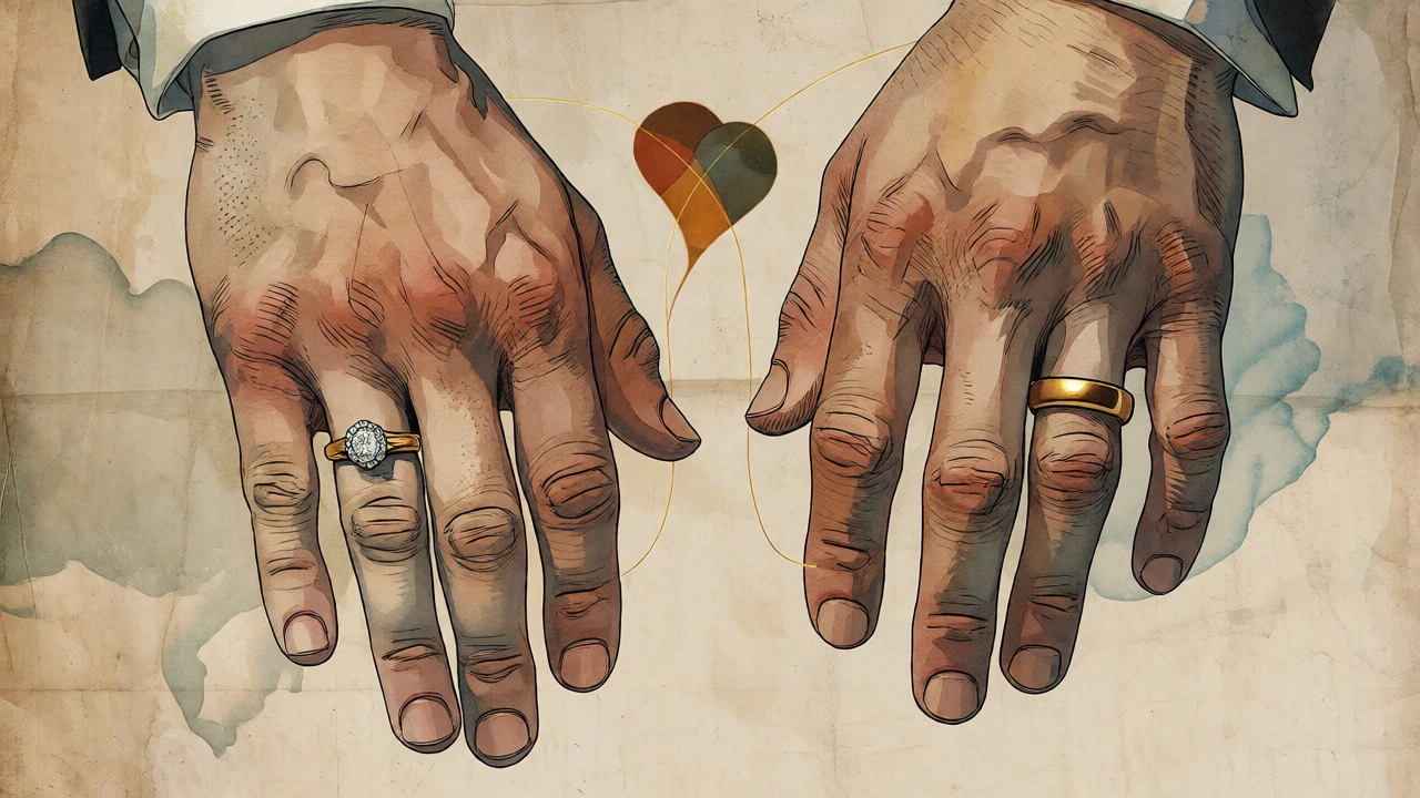 Artistic illustration comparing wedding ring placement on left and right hands.